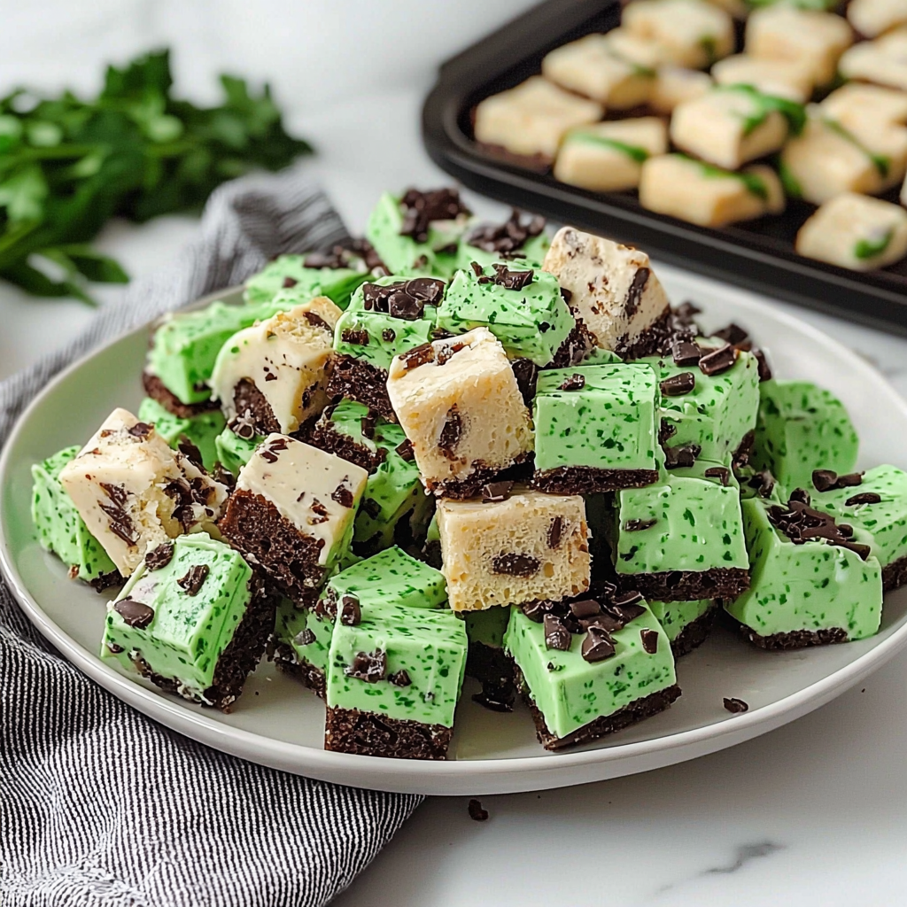 Mint Chocolate Chip Fudge Squares Layered with Cookie Dough and Brownie Crust 2 Mint Chocolate Chip Fudge Squares Layered with Cookie Dough and Brownie Crust
