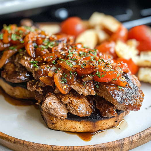 Open-Faced Steak Sandwich with Caramelized Onion and Tomato Relish – Hearty, Savory, and Satisfying