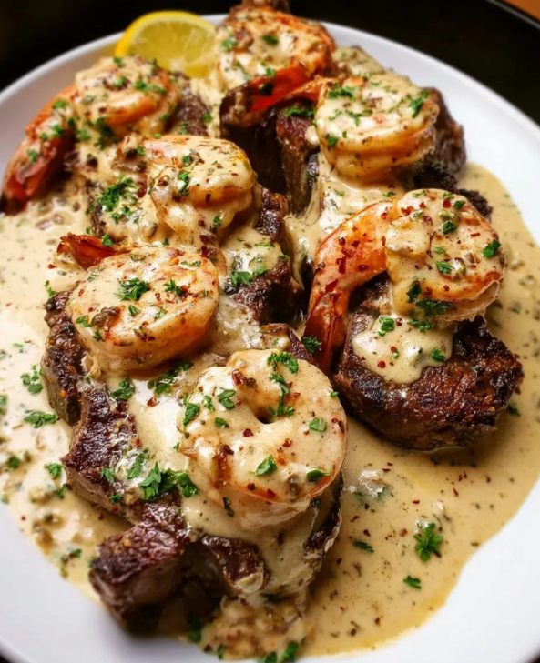 Seared Steak and Shrimp with Creamy Garlic Butter Sauce