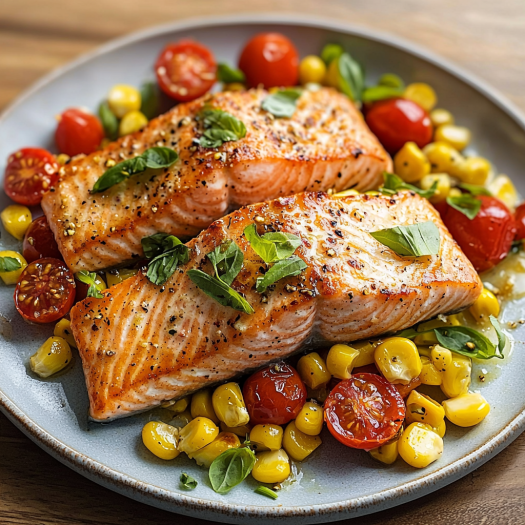 Pan-Seared Salmon with Cherry Tomatoes and Sweet Corn