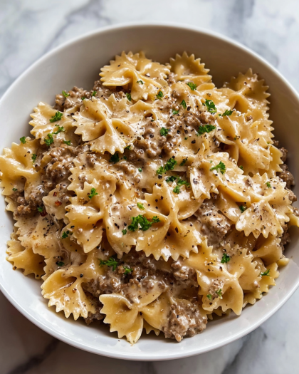 Creamy Bow Tie Pasta with Ground Beef and Parmesan