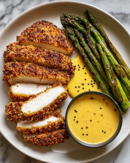 Crispy Chicken Cutlets with Mustard Sauce and Roasted Asparagus