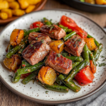 Sautéed Steak Bites with Green Beans and Roasted Vegetables