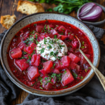Hearty Beetroot Borscht with Sour Cream and Fresh Herbs
