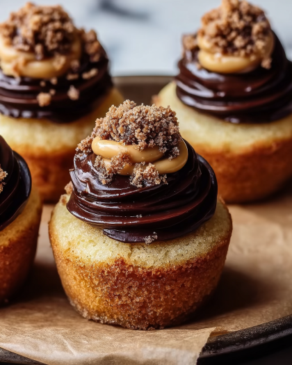 Chocolate Ganache Cupcakes with Caramel Filling and Crumb Topping
