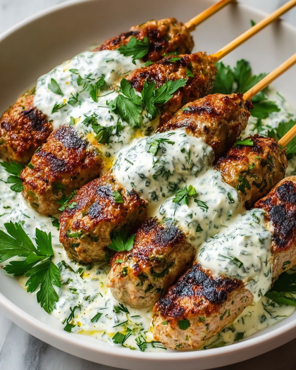 Grilled Chicken Kofta with Creamy Herb Yogurt Sauce