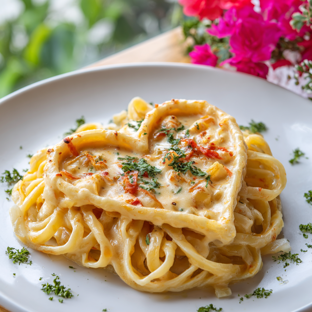 Heart-Shaped Pasta with Creamy Sauce: Cozy Romantic Dinner Recipe - Recipe Image