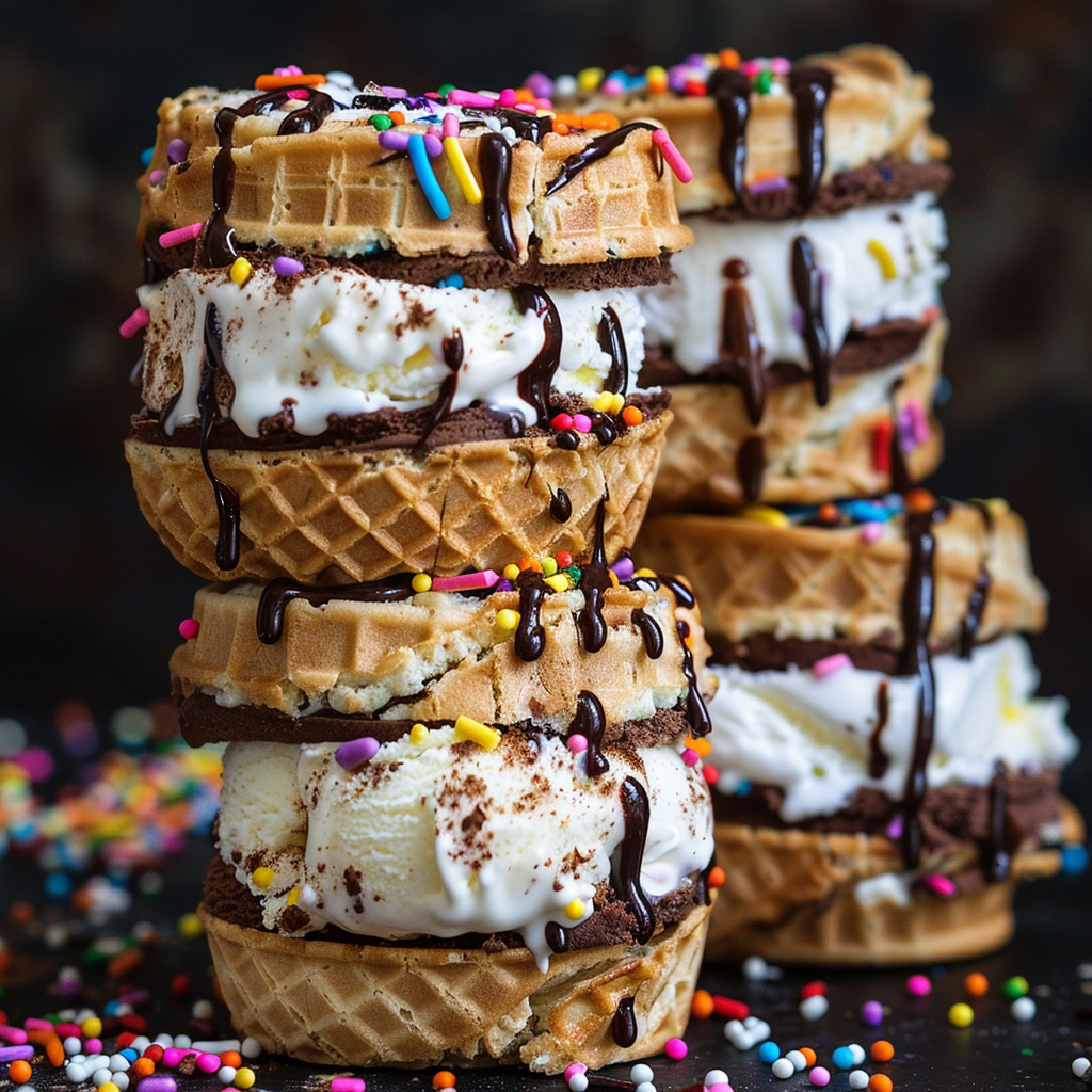 Sugar Cone Cookie Ice Cream Sandwiches with Fudge Drizzle Recipe - Recipe Image