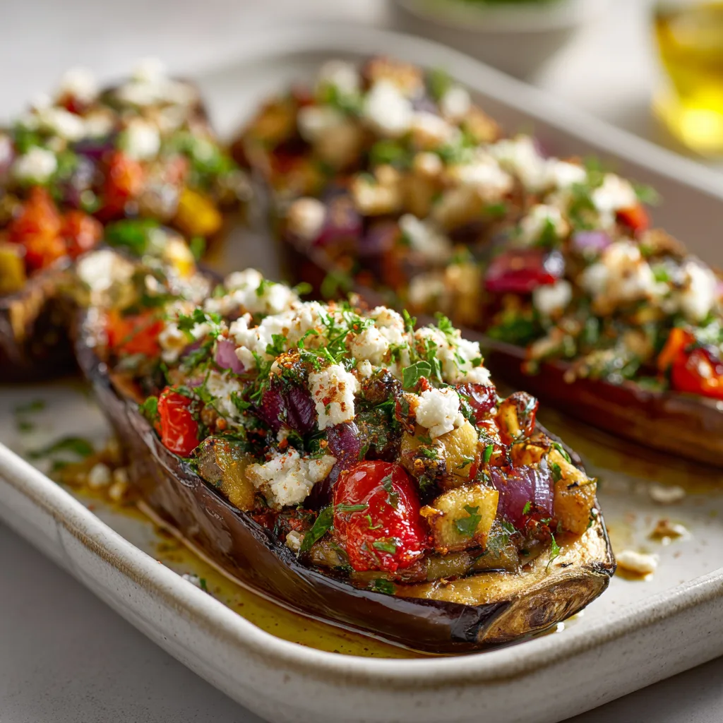 Mediterranean Stuffed Eggplant Boats Recipe 2 Mediterranean Stuffed Eggplant Boats Recipe - Recipe Image