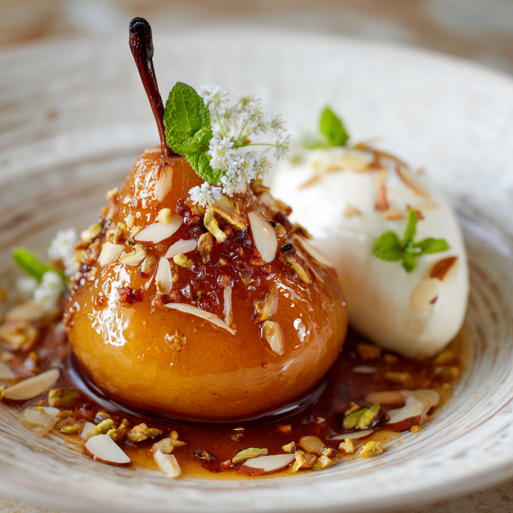 Poached Pear in Spiced Syrup with Almond Cream