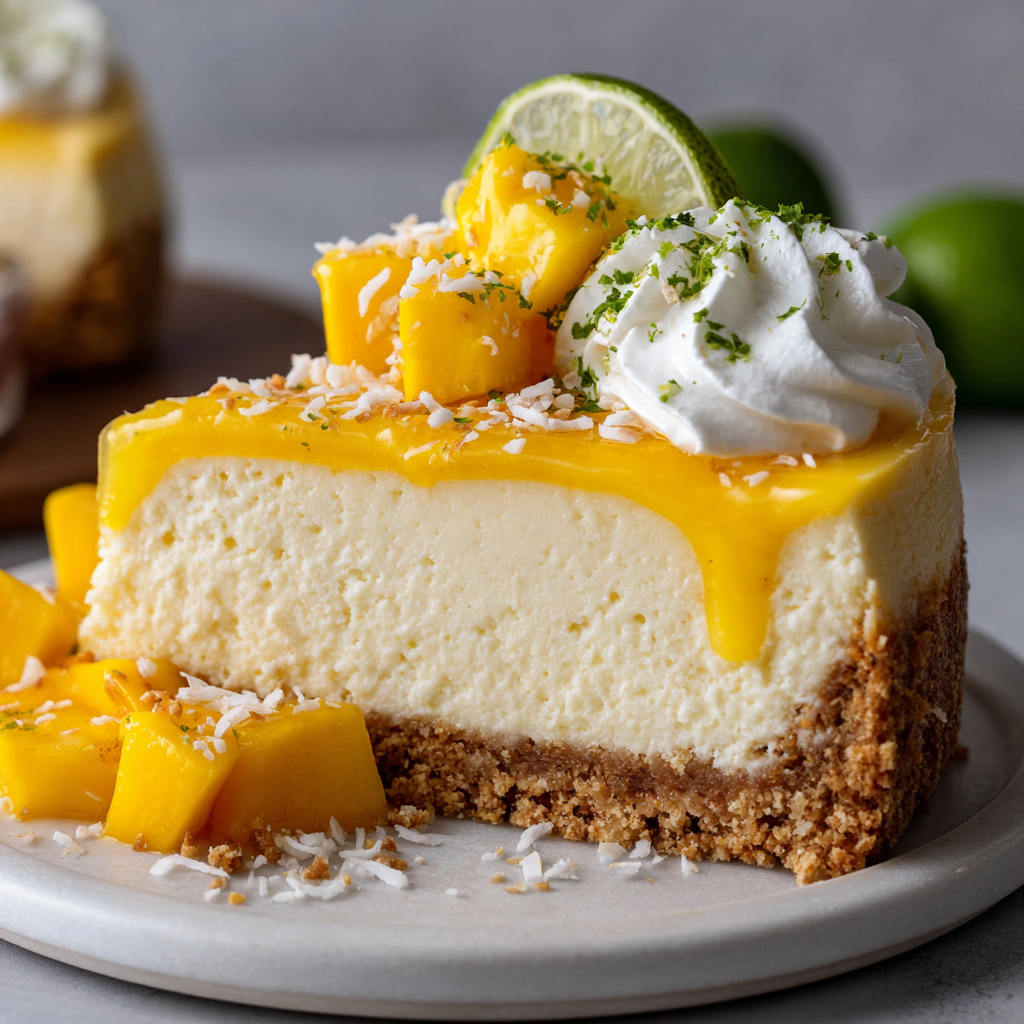 Mango Lime Cheesecake with Coconut Base Recipe - Recipe Image