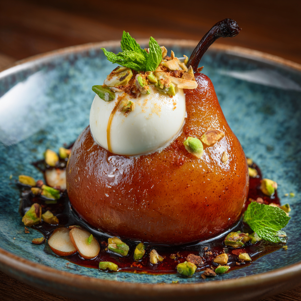 Poached Pear in Spiced Syrup with Almond Cream - Recipe Image