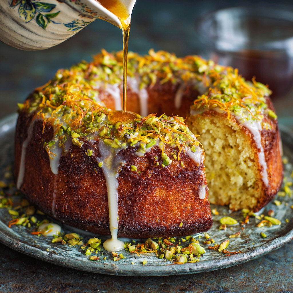 Pistachio and Orange Blossom Cake with Honey Glaze Recipe - Recipe Image