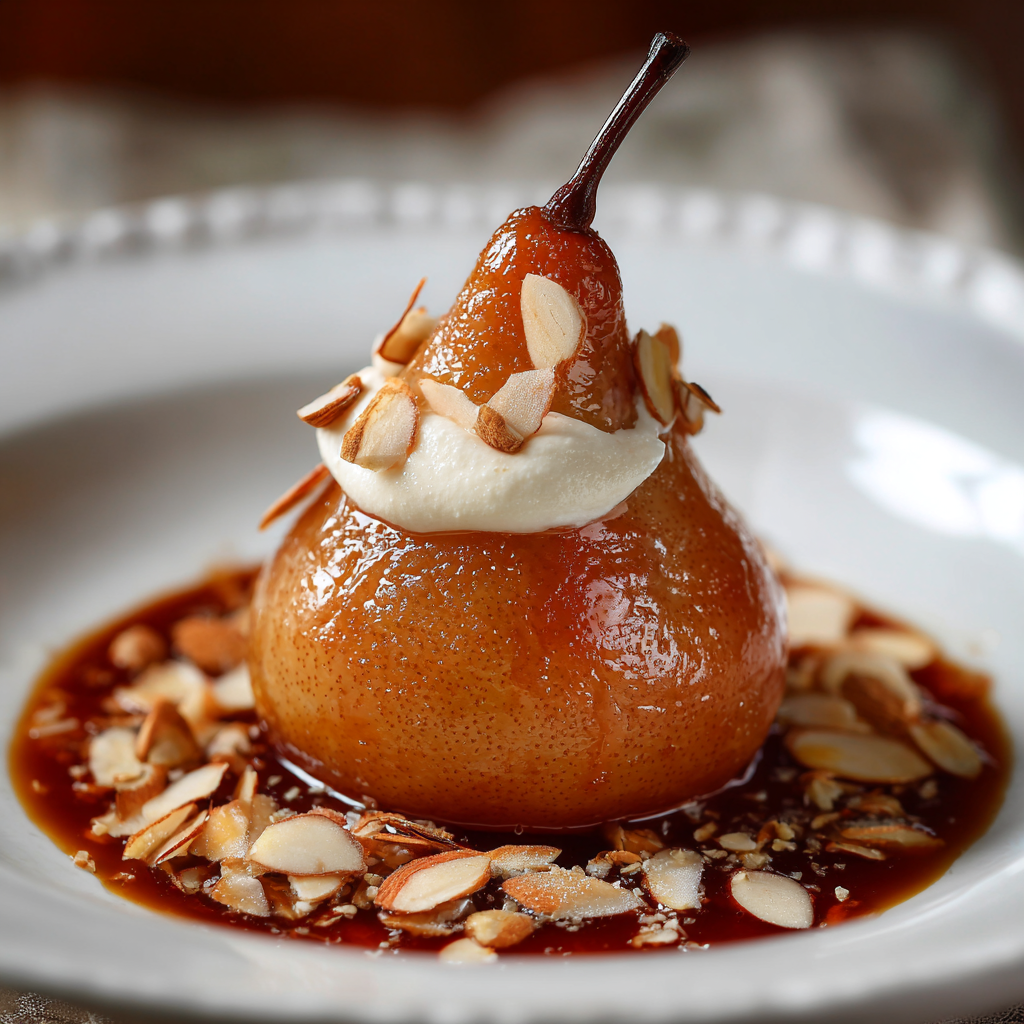Poached Pear in Spiced Syrup with Almond Cream - Recipe Image