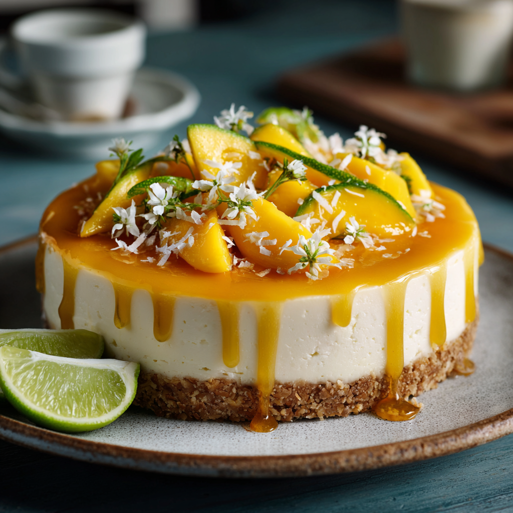 Mango Lime Cheesecake with Coconut Base Recipe - Recipe Image