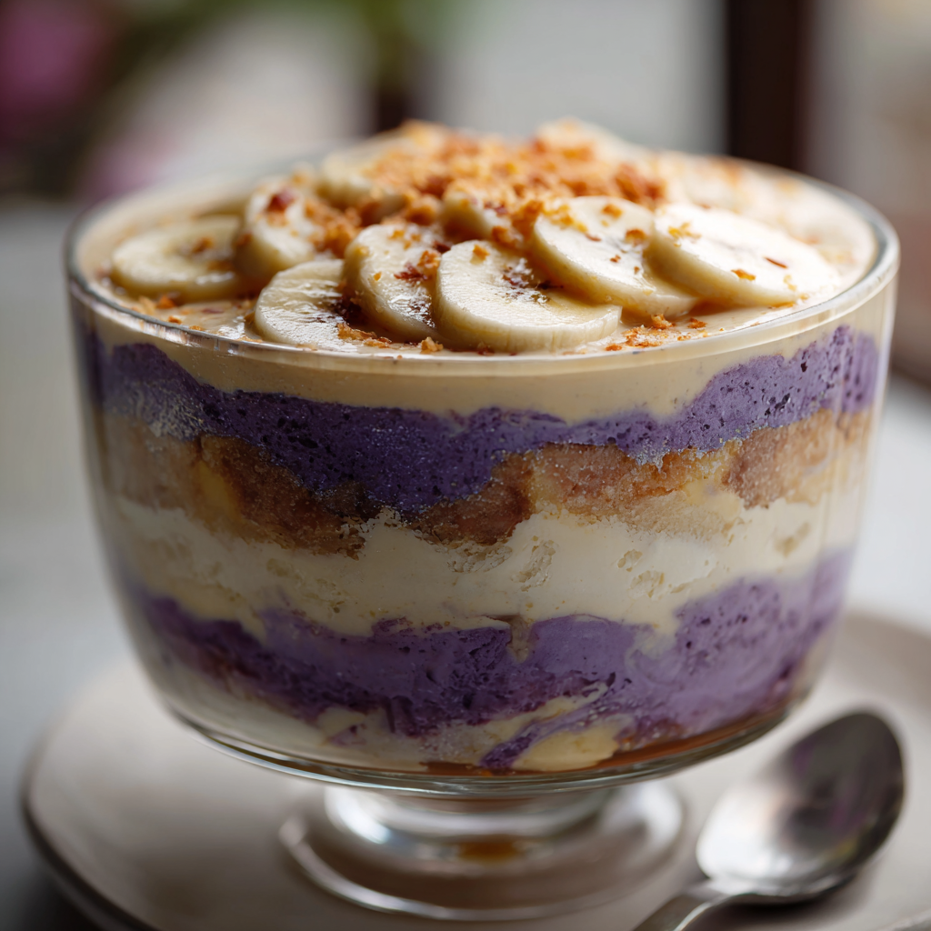 Ube Banana Pudding with Maja Blanca Recipe - Recipe Image