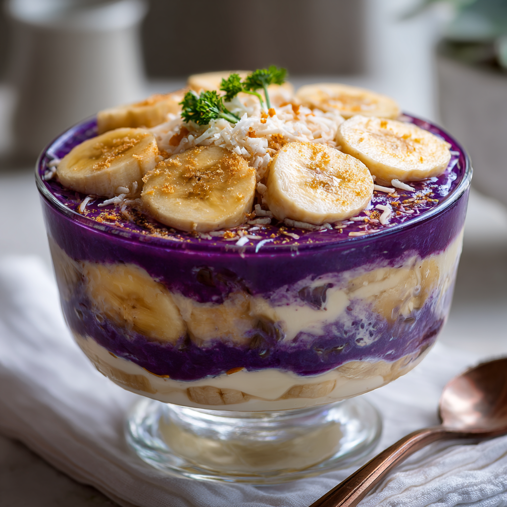 Ube Banana Pudding with Maja Blanca Recipe - Recipe Image